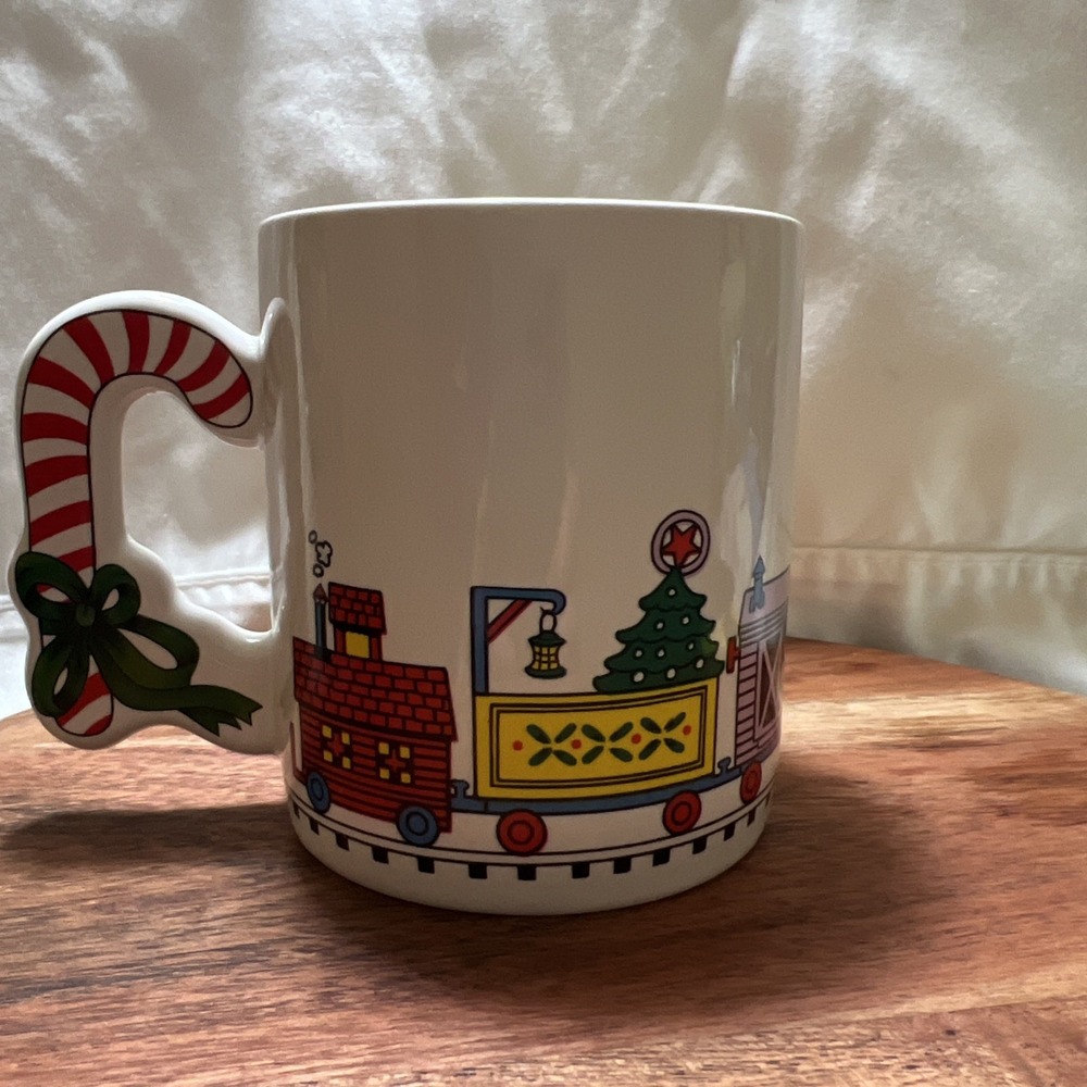 Vintage The Love Mug 1987 Christmas Train Mug Cup with Candy Cane Handle EUC